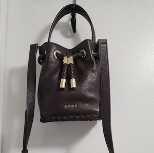 DKNY Brown Leather Drawstring Bucket Bag